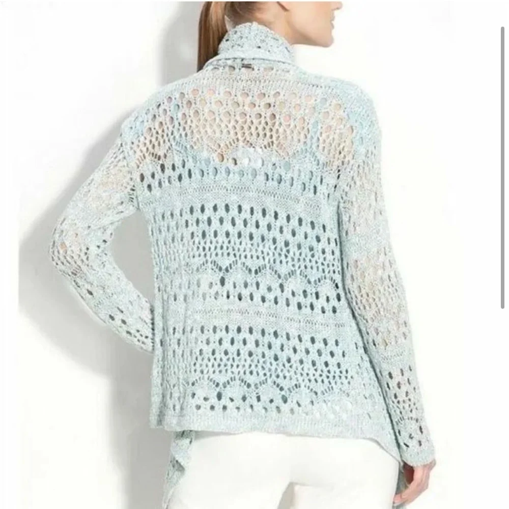 St John Designer Luxury Women’s Pale Blue Open Crochet Knit Waterfall Cardigan M
